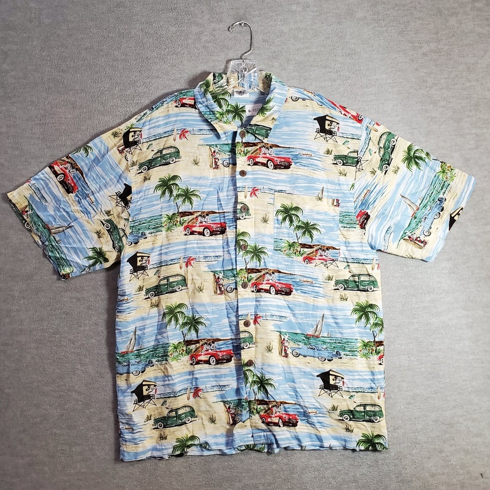 VINTAGE Disney Men Button Up Shirt XL Hawaiian Mickey Minnie Classic Car 90s